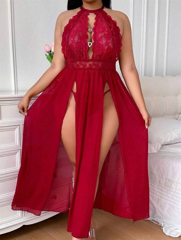 Arias Closet Büyük Beden Kırmızı Dantel İşlemeli Göğüs Detaylı Yırtmaçlı Fantezi Gecelik - Görsel 1