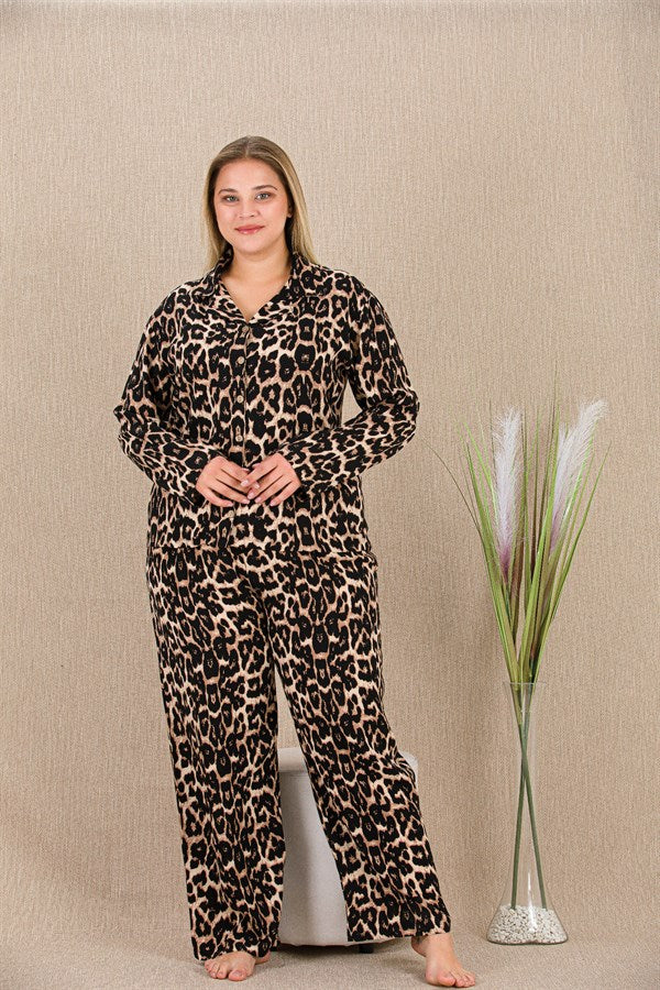 Arias Closet Büyük Beden Leopar Desenli Düğmeli Uzun Kol Viskon Pijama Takımı - Görsel 2