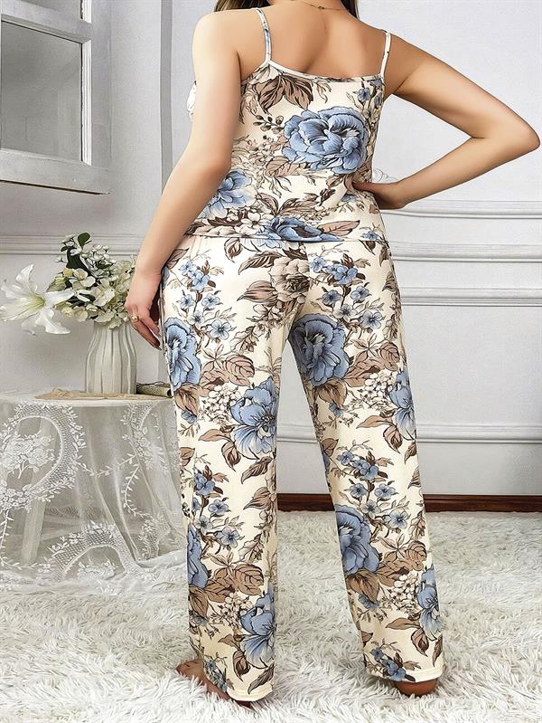 Arias Closet Büyük Beden Mavi Çiçek Desenli İnce Askılı 2'li Saten Pijama - Görsel 2