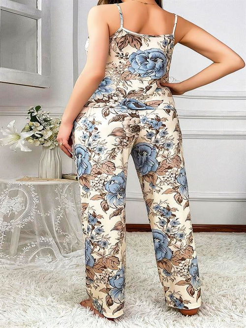 Arias Closet Büyük Beden Mavi Çiçek Desenli İnce Askılı 2'li Saten Pijama - Görsel 2