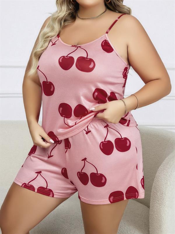 Arias Closet Büyük Beden Pembe Kiraz Desen İnce Askılı Pamuklu Şortlu Pijama Takımı - Görsel 2