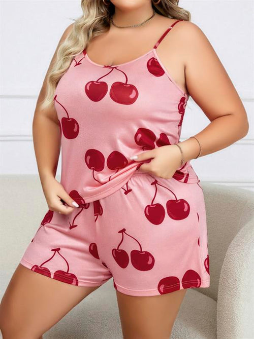 Arias Closet Büyük Beden Pembe Kiraz Desen İnce Askılı Pamuklu Şortlu Pijama Takımı - Görsel 2
