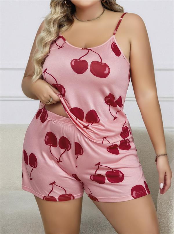 Arias Closet Büyük Beden Pembe Kiraz Desen İnce Askılı Pamuklu Şortlu Pijama Takımı - Görsel 1