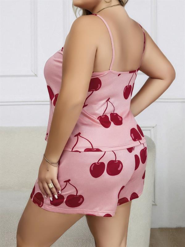 Arias Closet Büyük Beden Pembe Kiraz Desen İnce Askılı Pamuklu Şortlu Pijama Takımı - Görsel 3