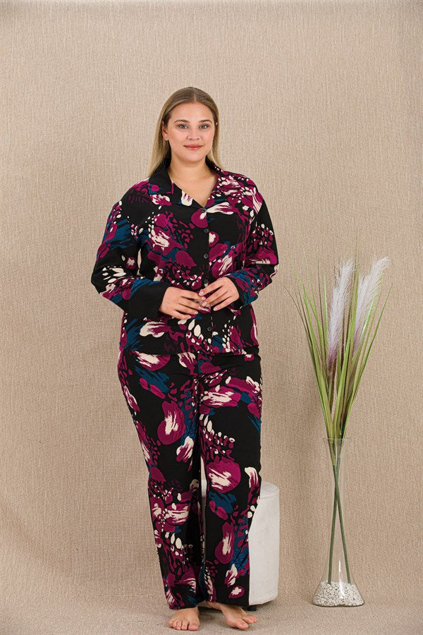 Arias Closet Büyük Beden Renkli Desenli Düğmeli Uzun Kol Viskon Pijama Takımı - Görsel 2
