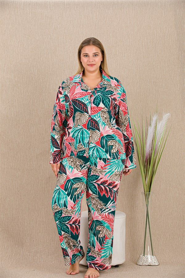 Arias Closet Büyük Beden Renkli Yaprak Desenli Düğmeli Uzun Kol Viskon Pijama Takımı - Görsel 2