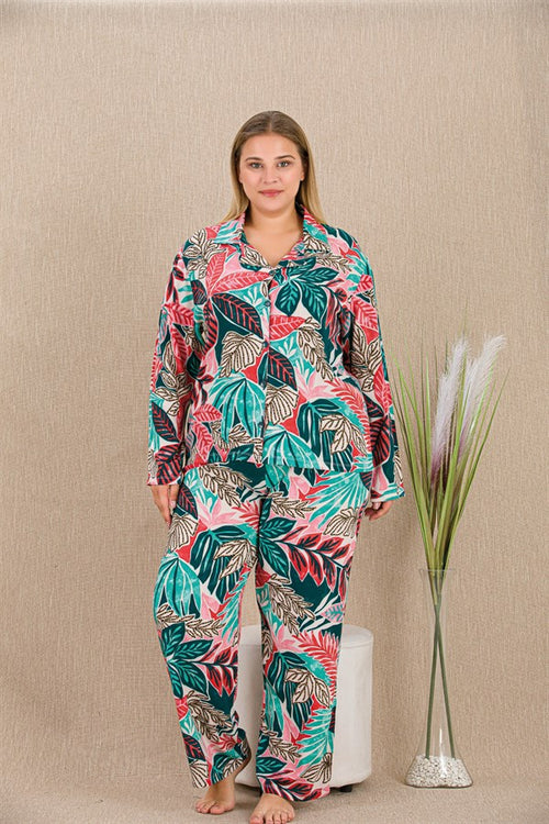Arias Closet Büyük Beden Renkli Yaprak Desenli Düğmeli Uzun Kol Viskon Pijama Takımı - Görsel 2