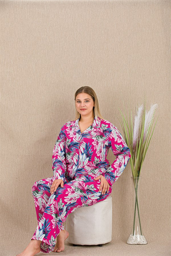 Arias Closet Büyük Beden Renkli Yaprak Desenli Düğmeli Uzun Kol Viskon Pijama Takımı - Görsel 1
