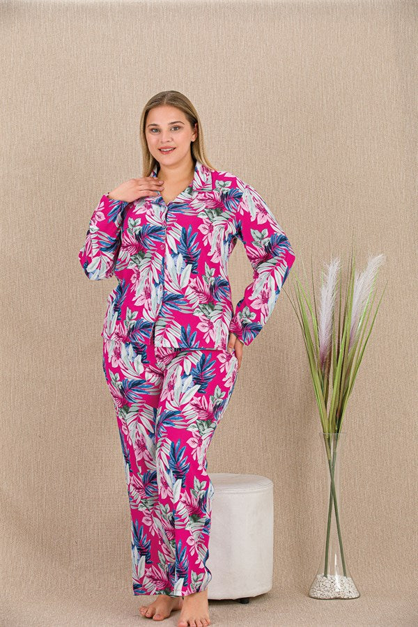 Arias Closet Büyük Beden Renkli Yaprak Desenli Düğmeli Uzun Kol Viskon Pijama Takımı - Görsel 2