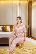 Arias Closet Büyük Beden Şık Tasarım Vizon Çizgili Düğmeli Kısa Kol Lüx Saten Pijama Takımı - Görsel 1