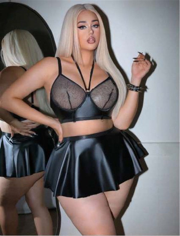 Arias Closet Büyük Beden Siyah Deri Görünümlü Fileli Etekli Fantezi Takım - Görsel 1