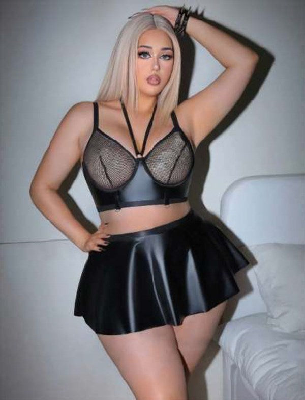 Arias Closet Büyük Beden Siyah Deri Görünümlü Fileli Etekli Fantezi Takım - Görsel 2