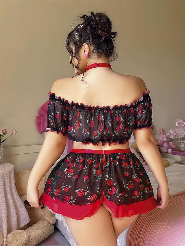 Arias Closet Büyük Beden Siyah Üstüne Gül Desenli Fantezi Etekli Büstiyer Takımı - Görsel 2