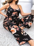 Arias Closet Büyük Beden Siyah Üstüne Çiçek Desenli İnce Askılı 2'li Pijama Takımı - Görsel 1