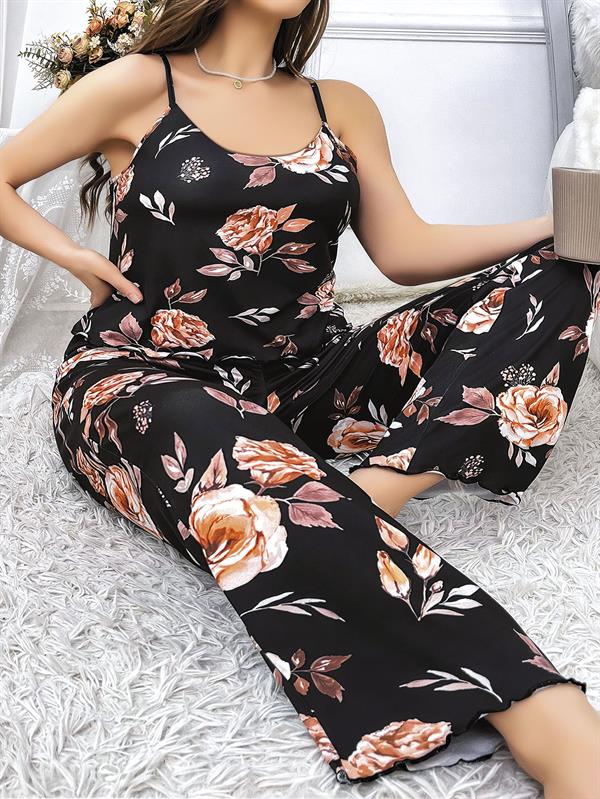 Arias Closet Büyük Beden Siyah Üstüne Çiçek Desenli İnce Askılı 2'li Pijama Takımı - Görsel 1