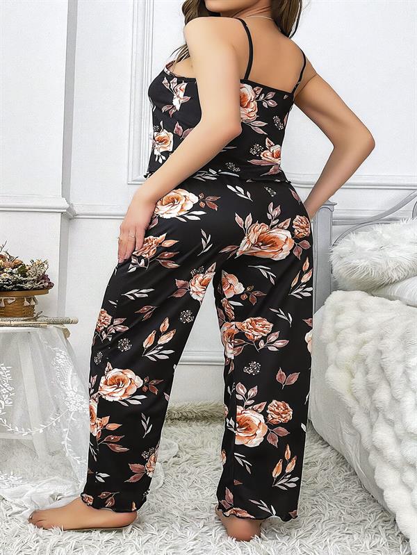 Arias Closet Büyük Beden Siyah Üstüne Çiçek Desenli İnce Askılı 2'li Pijama Takımı - Görsel 3