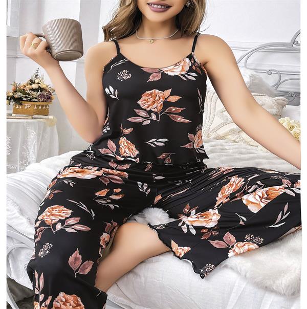 Arias Closet Büyük Beden Siyah Üstüne Çiçek Desenli İnce Askılı 2'li Pijama Takımı - Görsel 2