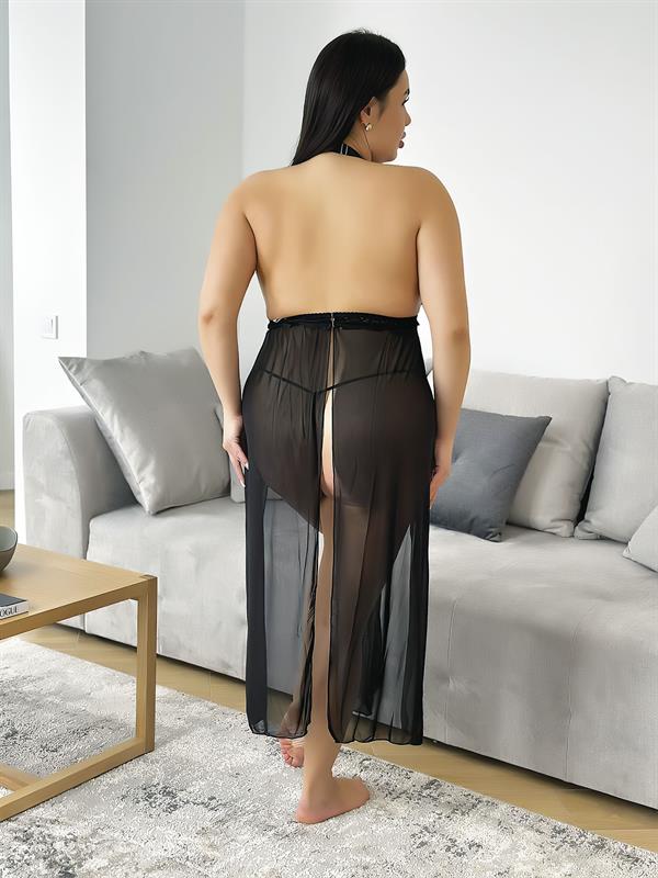 Arias Closet Büyük Beden Siyah Uzun Derin Dekolteli Dantel İşlemeli Fantezi Gecelik - Görsel 3