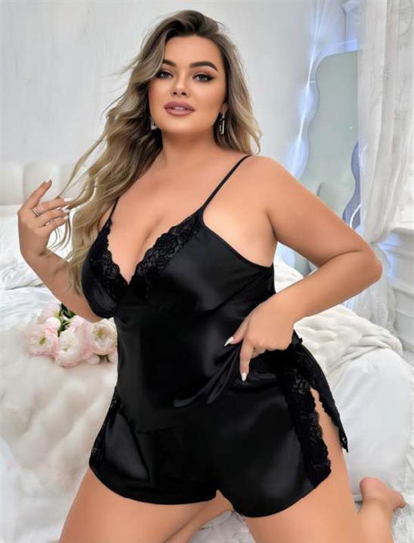 Arias Closet Büyük Beden Siyah Yırtmaç Dantel İşlemeli Saten Şortlu Takım - Görsel 2