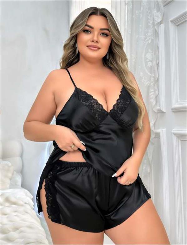 Arias Closet Büyük Beden Siyah Yırtmaç Dantel İşlemeli Saten Şortlu Takım - Görsel 1