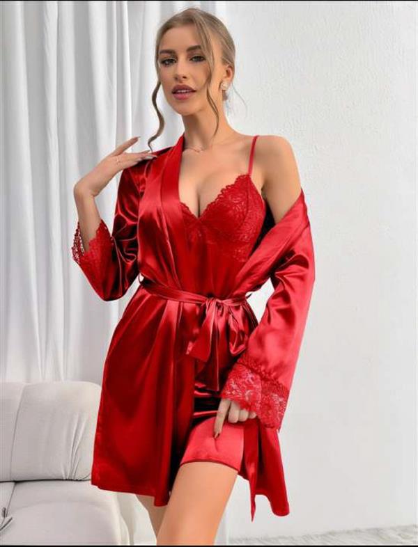 Arias Closet Dantel İşlemeli İnce Askılı Kırmızı Saten 2'li Gecelik Sabahlık Takımı - Görsel 2