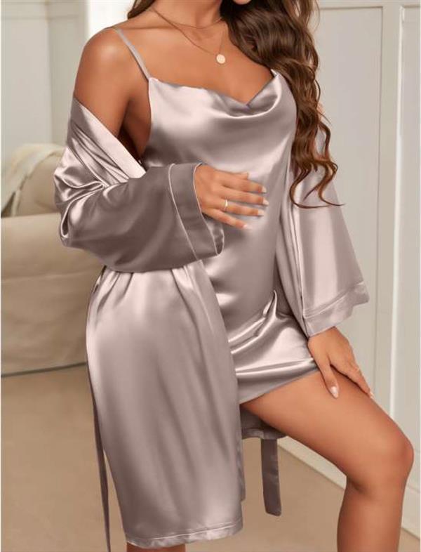 Arias Closet Degajeli İnce Askılı Vizon Saten 2'li Gecelik Sabahlık Takımı - Görsel 2