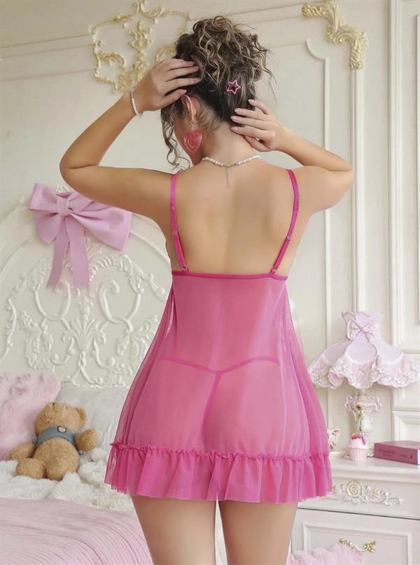 Arias Closet Fuşya Dantel İşlemeli Göğüs Dekolteli Fiyonklu Fantezi String Tül Gecelik Takımı - Görsel 2