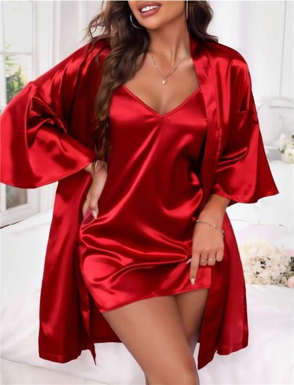 Arias Closet İnce Askılı Kırmızı Saten 2'li Gecelik Sabahlık Takımı - Görsel 2
