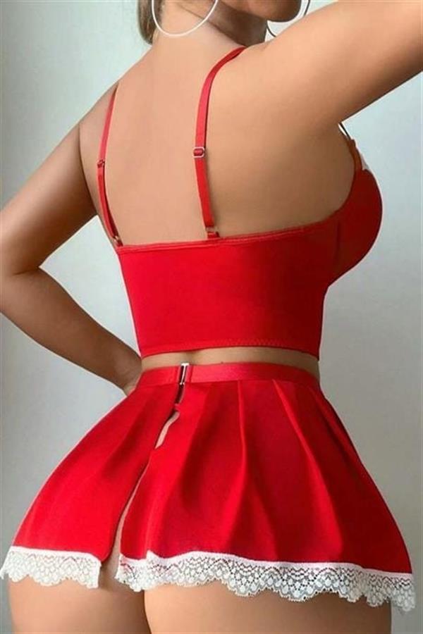 Arias Closet Kırmızı Beyaz Bacak Aksesuarlı Büstiyerli Fantezi Hizmetçi Kostümü - Görsel 3