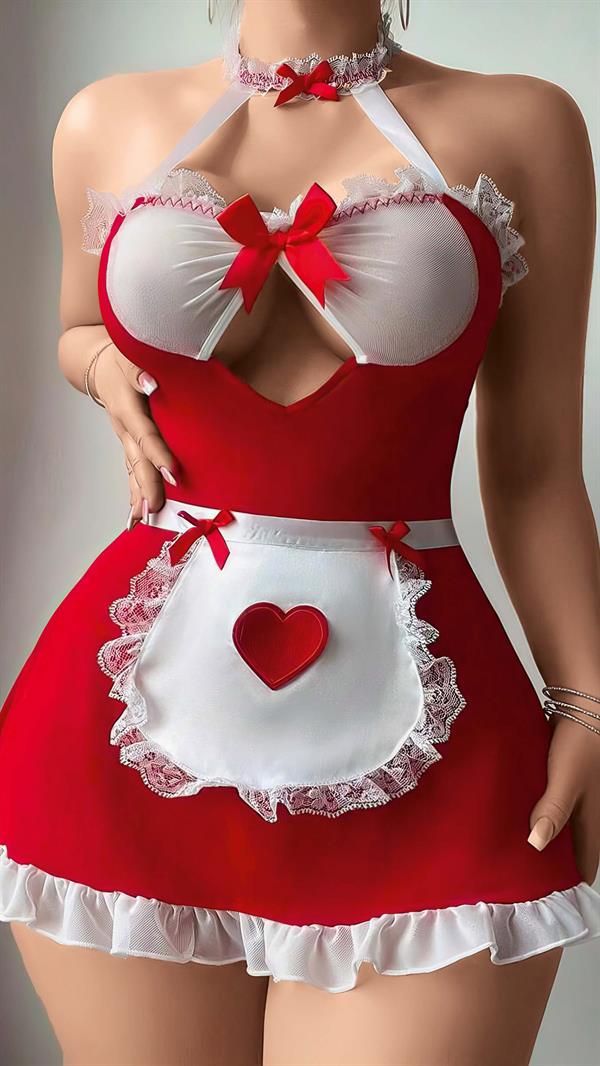Arias Closet Kırmızı Beyaz Dantel İşlemeli Kalp Detaylı Fantezi Fransız Hizmetçi Kostümü - Görsel 1