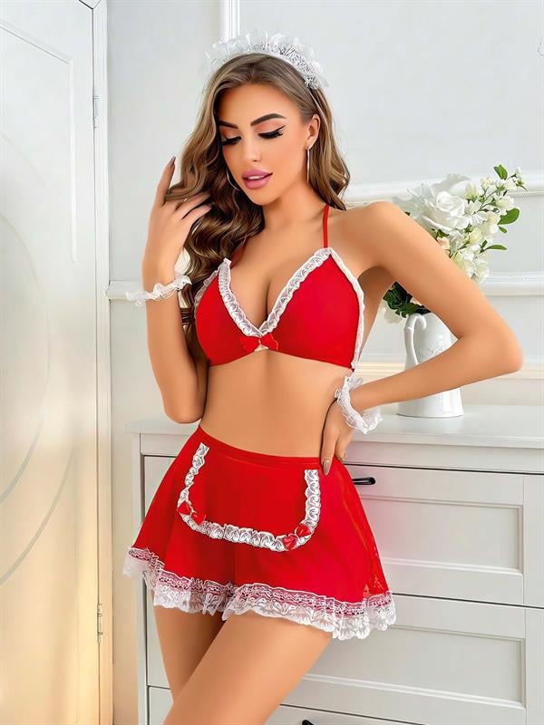 Arias Closet Kırmızı Beyaz Dantel İşlemeli Fantezi Hizmetçi Kostümü - Görsel 1
