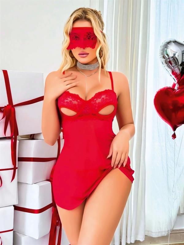 Arias Closet Kırmızı Göğüs Dekolteli Göz Bantlı Fantezi String Tül Gecelik Takımı - Görsel 4