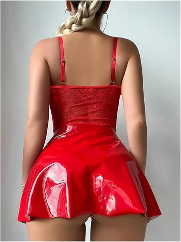 Arias Closet Kırmızı Parlak Deri Şık Bacak Bantlı Fantezi Club Elbise - Görsel 3