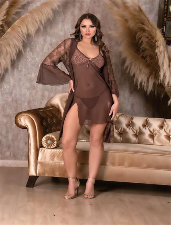 Arias Closet Leopar Desenli Transparan Dantel İşlemeli Tül Yırtmaçlı 2'li Gecelik Takımı - Görsel 2