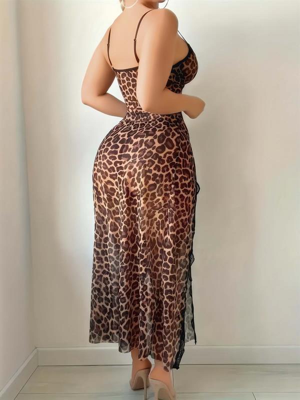 Arias Closet Leopar Desenli Yırtmaçlı Fantezi Uzun Gecelik - Görsel 2