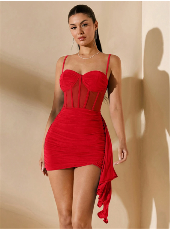 Arias Closet Özel Şık Tasarım Kırmızı Korse Görünümlü Mini Club Elbisesi - Görsel 3