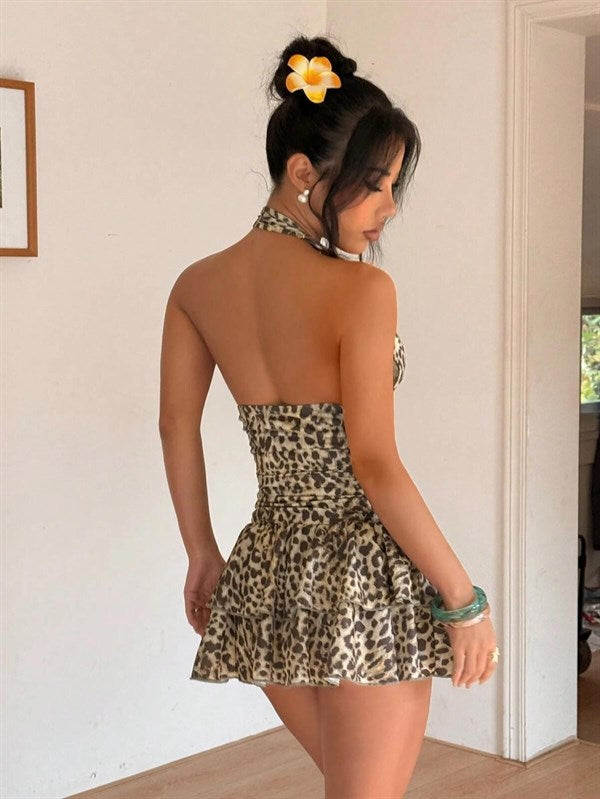 Arias Closet Özel Şık Tasarım Leopar Desenli Fırfırlı Mini Club Elbisesi - Görsel 2
