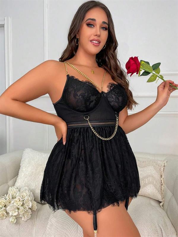 Arias Closet Özel Tasarım Büyük Beden Fantezi Zincir Detaylı Dantelli Gecelik - Görsel 2
