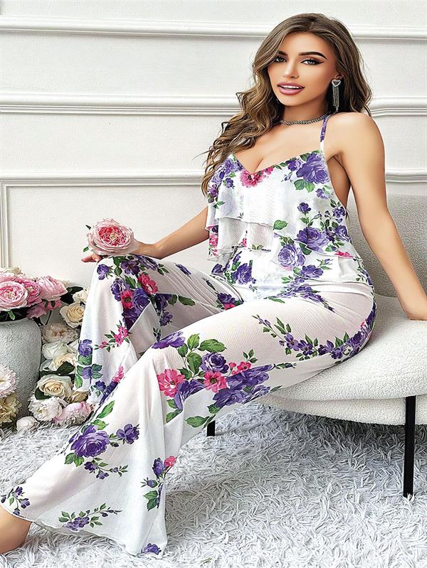 Arias Closet Özel Tasarım Büyük Beden Çiçek Desenli Fırfırlı 2'li Pijama Takımı - Görsel 2