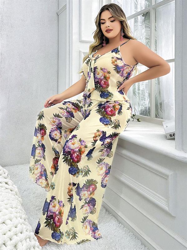 Arias Closet Özel Tasarım Büyük Beden Çiçek Desenli İnce Askılı 2'li Pijama Takımı - Görsel 1