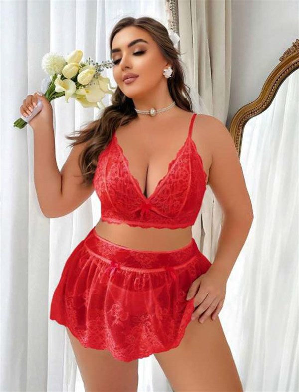 Arias Closet Özel Tasarım Büyük Beden Kırmızı Dantel İşlemeli Fantezi Etekli Sütyen Takımı - Görsel 2