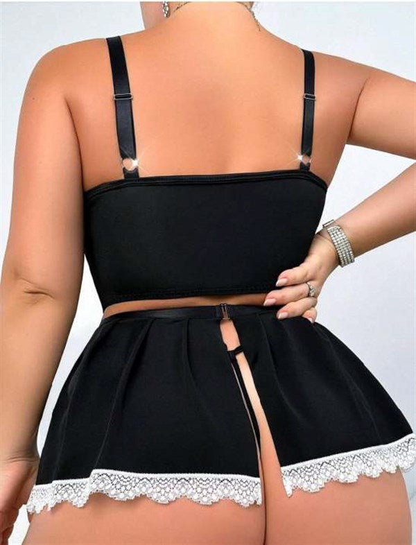 Arias Closet Özel Tasarım Büyük Beden Siyah Dantel İşlemeli Bacak Bantlı Fantezi Hizmetçi Kostümü - Görsel 2
