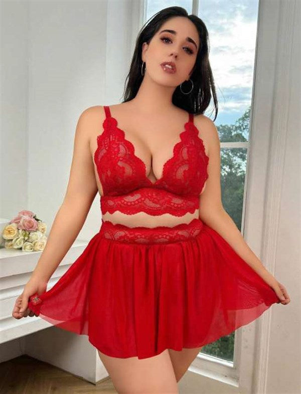Arias Closet Özel Tasarım Büyük Beden Kırmızı Dantel İşlemeli Dekolteli Fantezi Etekli Sütyen Takımı - Görsel 1