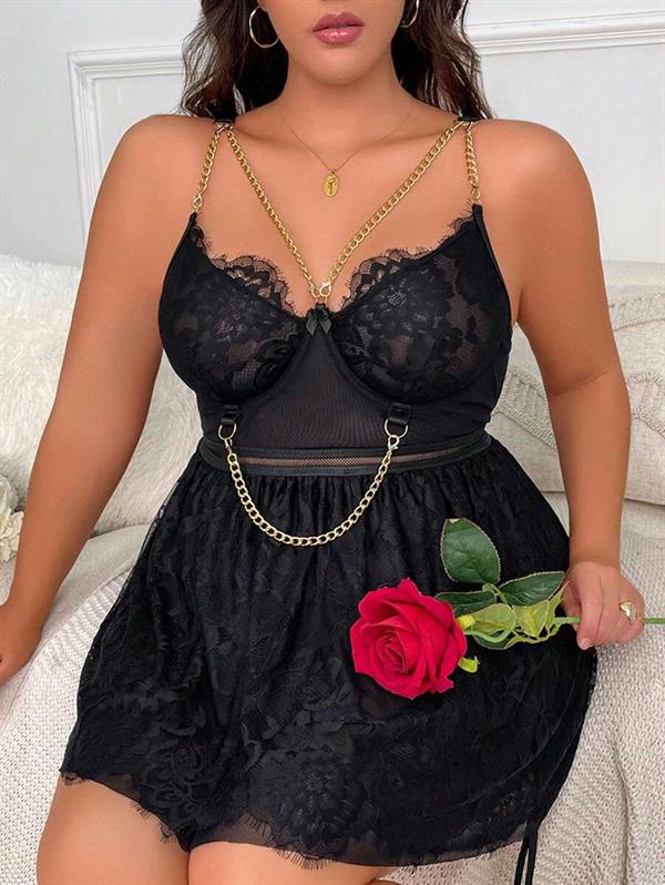 Arias Closet Özel Tasarım Büyük Beden Fantezi Zincir Detaylı Dantelli Gecelik - Görsel 3