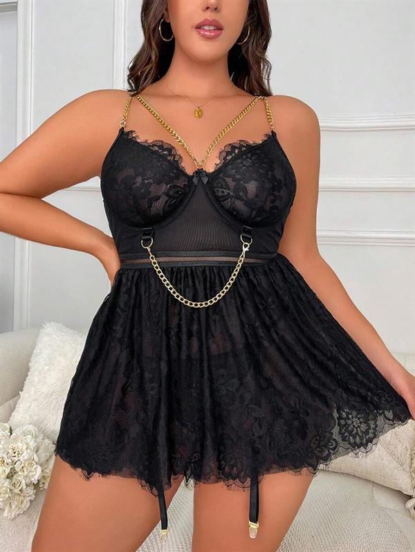 Arias Closet Özel Tasarım Büyük Beden Fantezi Zincir Detaylı Dantelli Gecelik - Görsel 6
