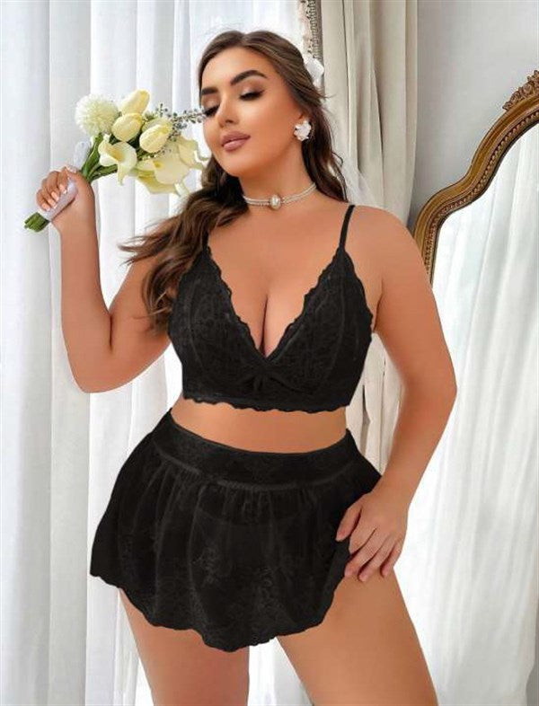 Arias Closet Özel Tasarım Büyük Beden Siyah Dantel İşlemeli Fantezi Mini Etekli Sütyen Takımı - Görsel 1