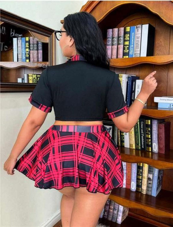 Arias Closet Özel Tasarım Büyük Beden Ekose Mini Etekli Bolerolu Fantezi Liseli Kostümü - Görsel 2