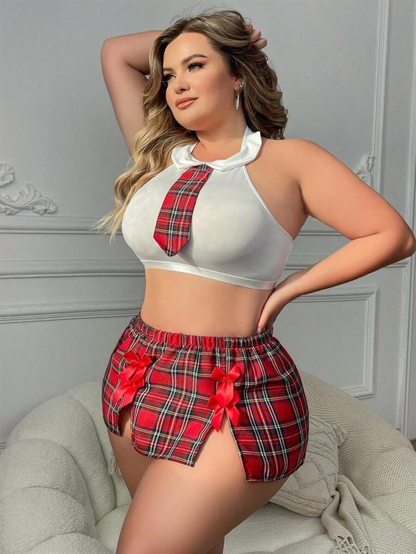 Arias Closet Özel Tasarım Büyük Beden Ekoseli Kravatlı Fantezi Liseli Kostümü - Görsel 3
