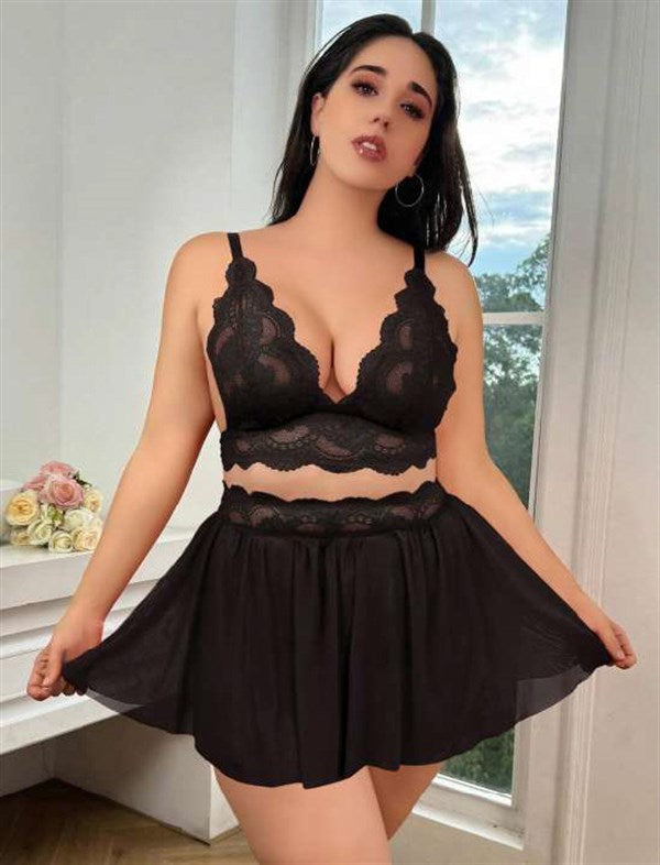 Arias Closet Özel Tasarım Büyük Beden Siyah Dantel İşlemeli Dekolteli Fantezi Etekli Sütyen Takımı - Görsel 2