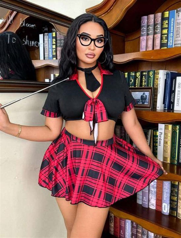 Arias Closet Özel Tasarım Büyük Beden Ekose Mini Etekli Bolerolu Fantezi Liseli Kostümü - Görsel 1